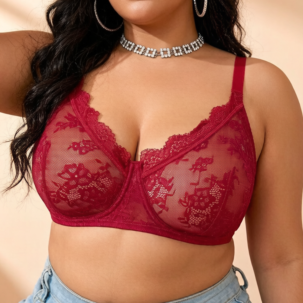 Women Plus Size Red Lace Sheer - Sheer Bra Lace 리뷰 및 가격