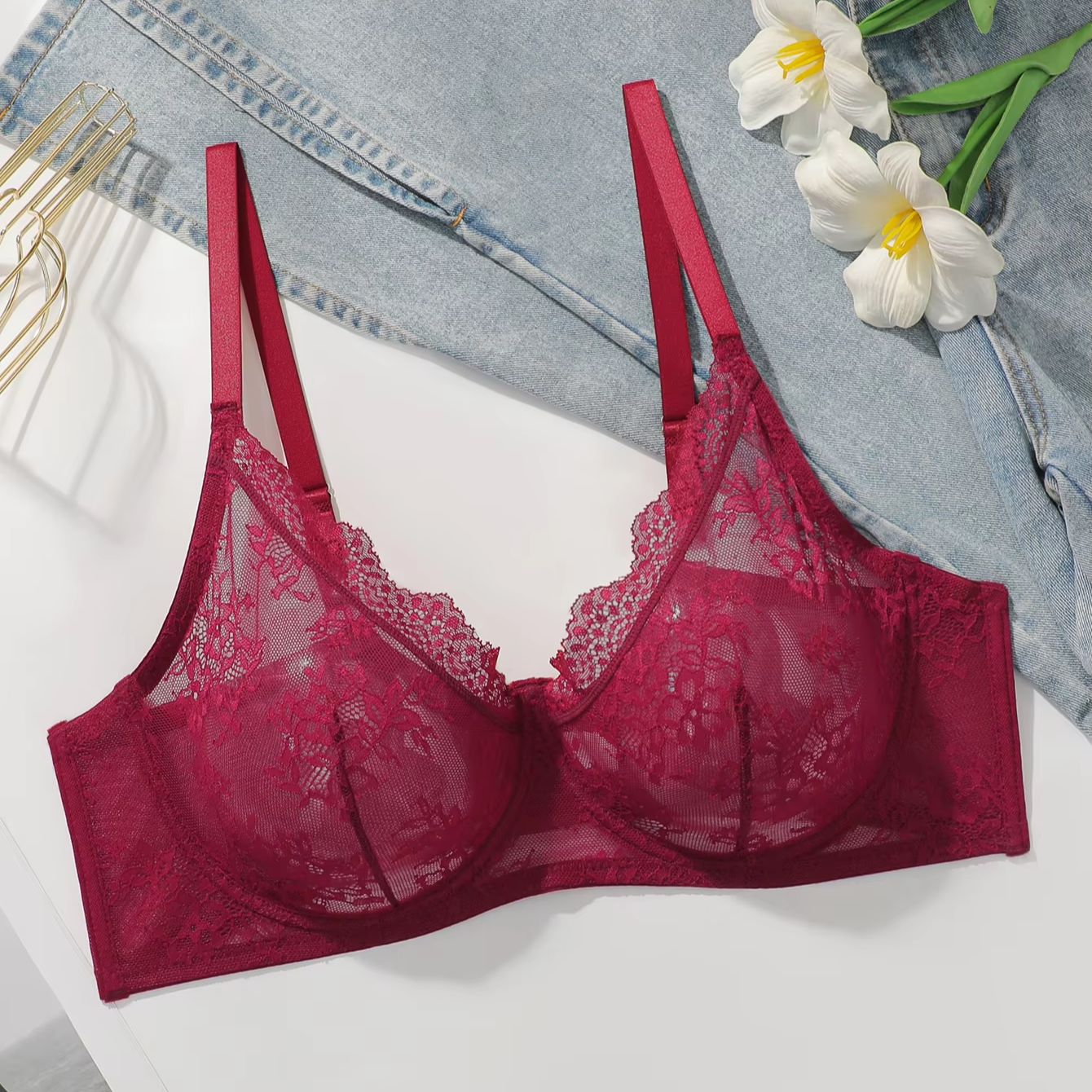 Women Plus Size Red Lace Sheer - Sheer Bra Lace 리뷰 및 가격